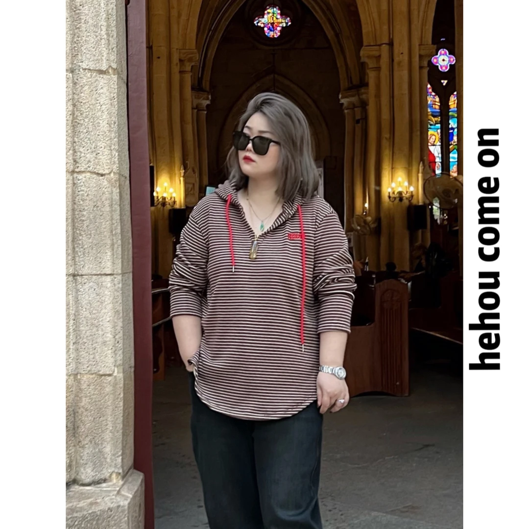 91536 和后品牌 冬季条纹百搭设计感休闲宽松显瘦连帽高级感卫衣