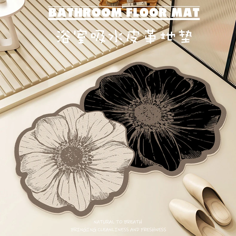 蔷薇双花简约轻奢浴室入户门卫生间地垫家用防滑易打理吸水皮革垫
