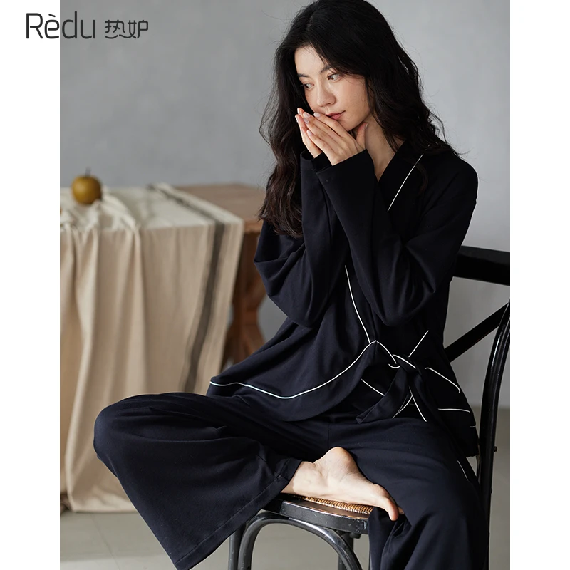 热妒睡衣女春秋季纯棉2023新款黑色日式和服系带开衫家居服可外穿