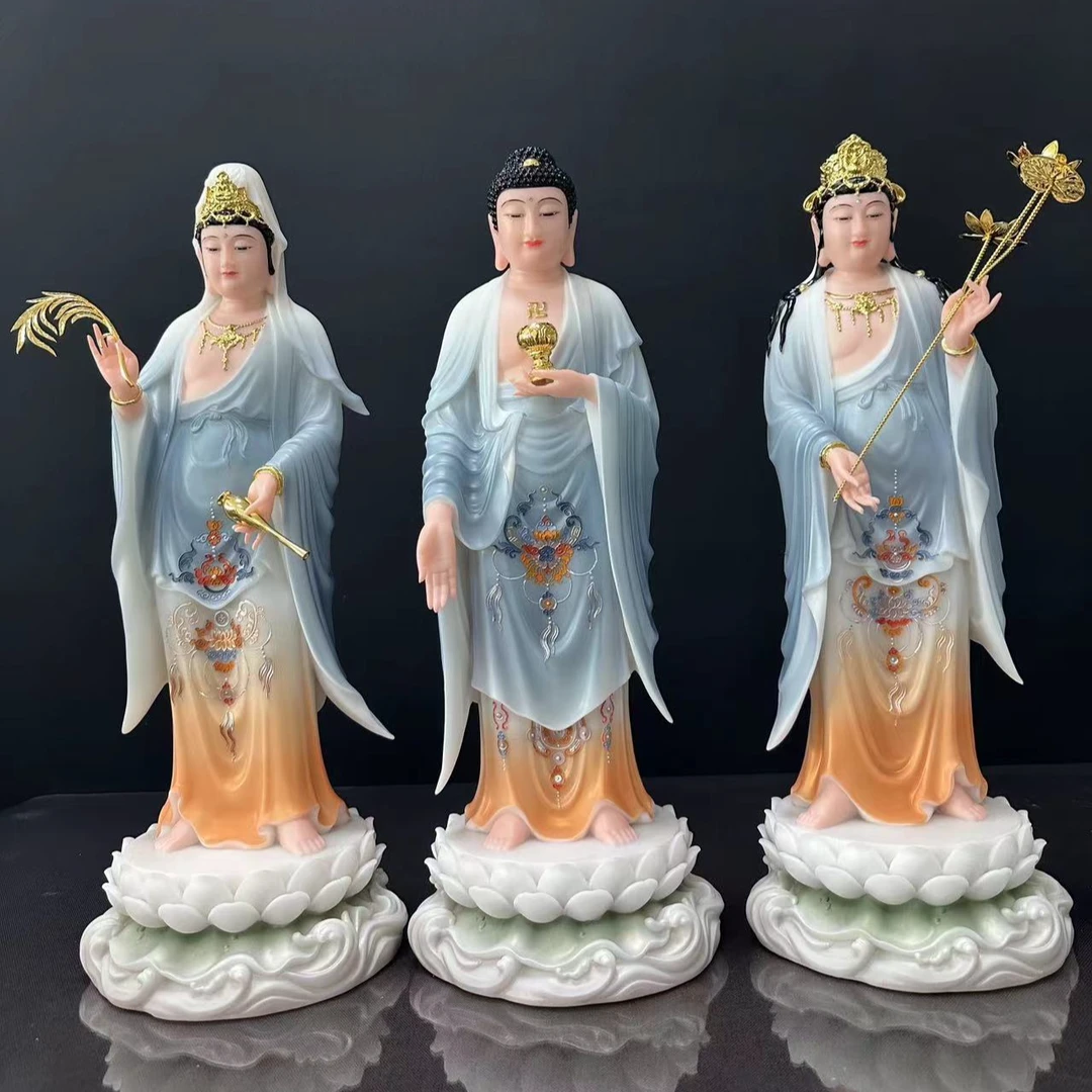 汉白玉西方三圣蓝彩观世音阿弥陀家居客厅摆件