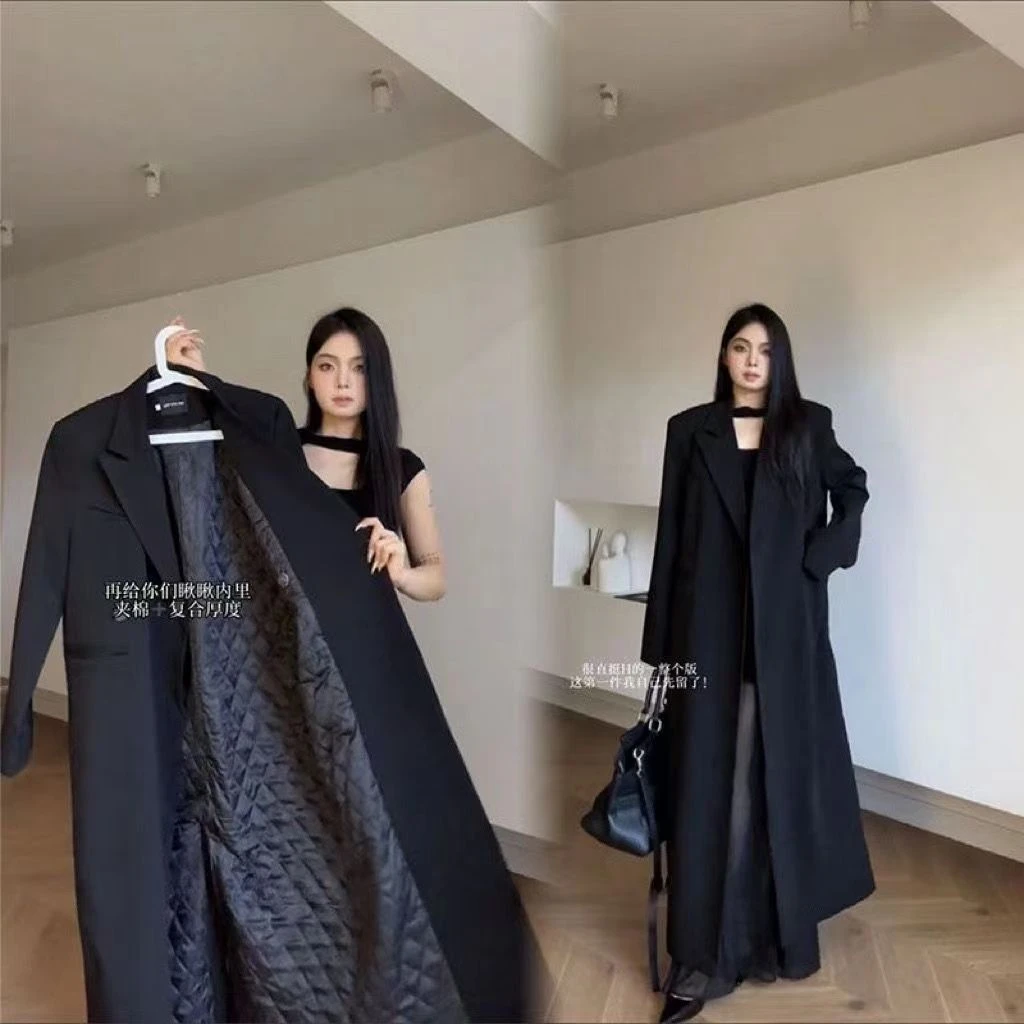 简约时尚2023年秋冬新款外套女西装领一粒扣纯色宽松显瘦长款大衣