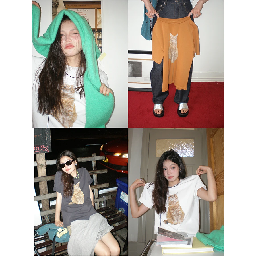 Hellooo Eat 韩版圆领猫咪印花短袖E00060