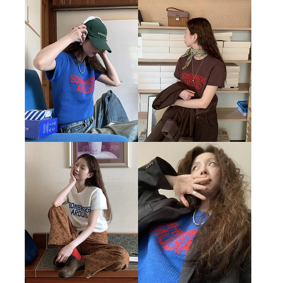 Hellooo Eat 复古字母短袖针织衫EM1528