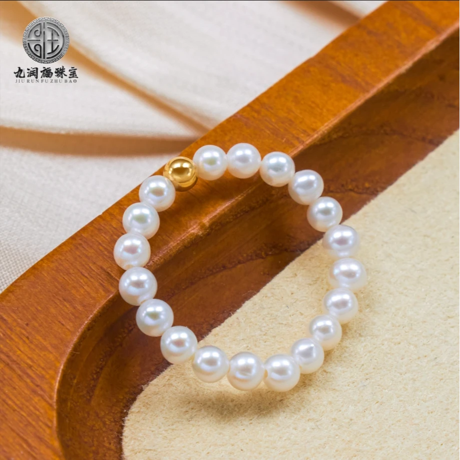 【九润福】淡水珍珠戒圈戒指 3~3.5mm 18k金 近圆 非基地发货