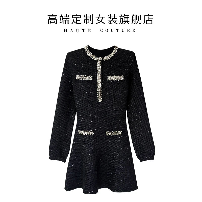 【SHIBO】高定小香风撞色钻饰圆领长袖收腰时尚气质秋冬连衣裙短裙