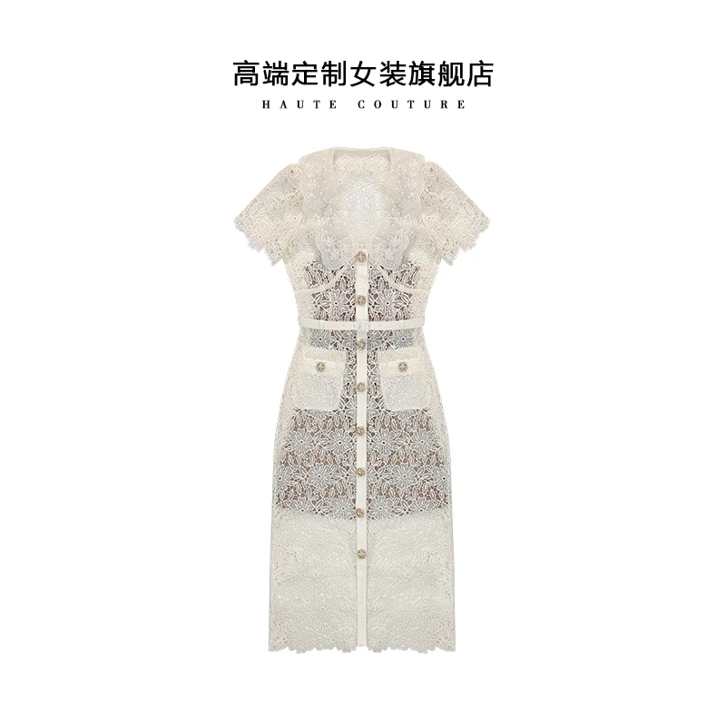 夏季重工水溶蕾丝镂空收腰法式气质名媛风修身长款连衣裙YB134