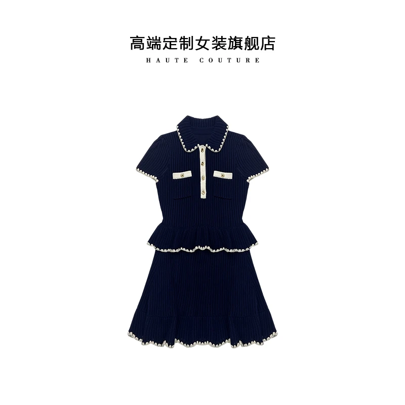 2024夏季新品小众藏蓝色荷叶边手工勾边短袖针织连体连衣裙YB232