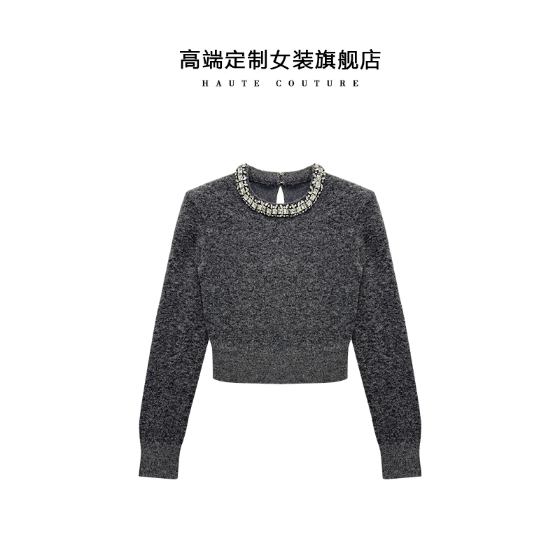 【SHIBO】秋冬洋气温柔气质百搭镶钻圆领长袖短款毛衣针织衫上衣女