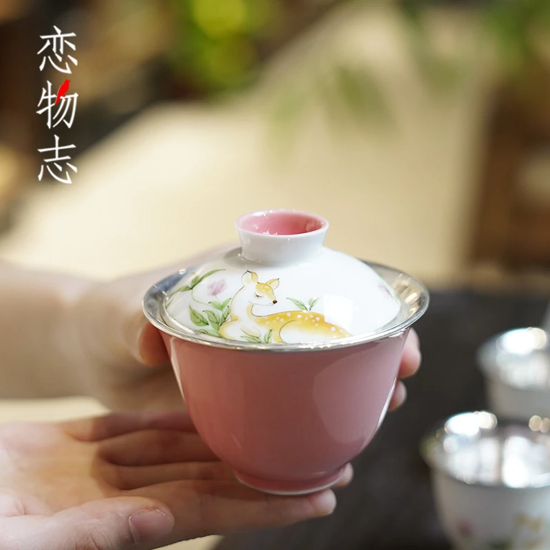 盖碗足银999纯手工一张打银茶杯主人杯品茗杯泡茶壶功夫茶具 林鹿