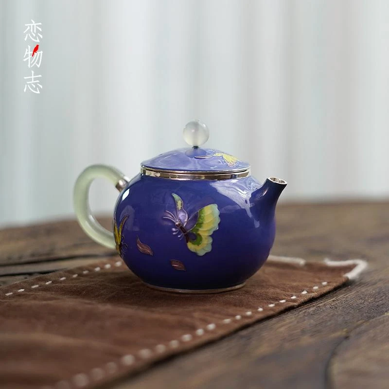 足银999纯手工一张打七宝烧泡茶壶家用小容量功夫茶具茶器 彩蝶