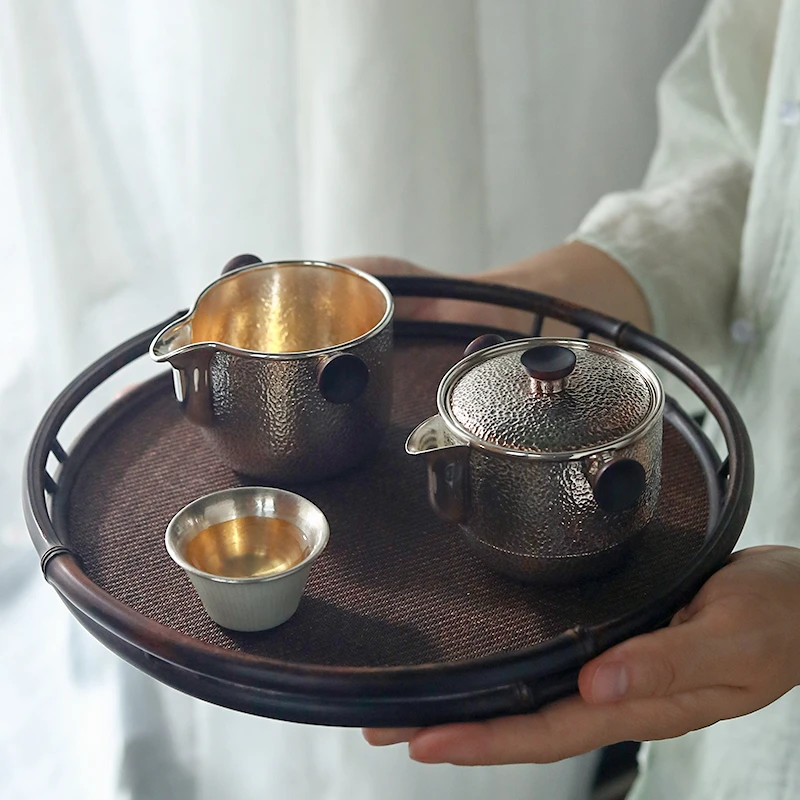 足银999 银壶纯手工日式分茶器锤纹双耳泡茶壶旅行盖碗套装 承德