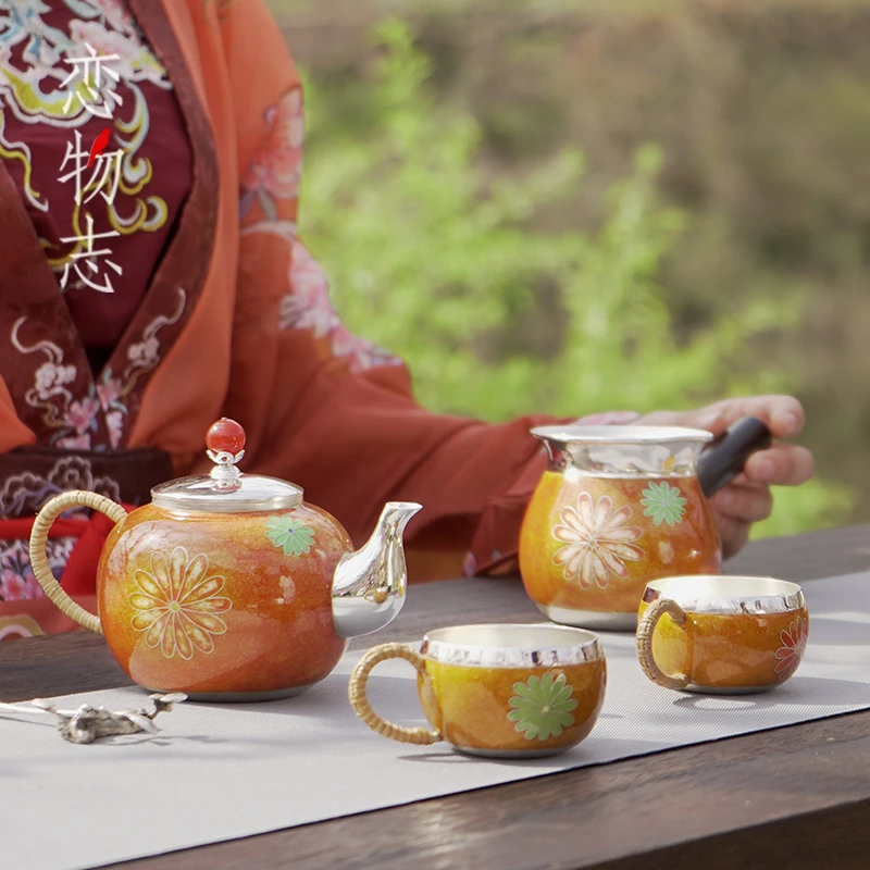 足银999中式纯手工一张打七宝烧家用复古泡茶壶功夫茶具    烟花