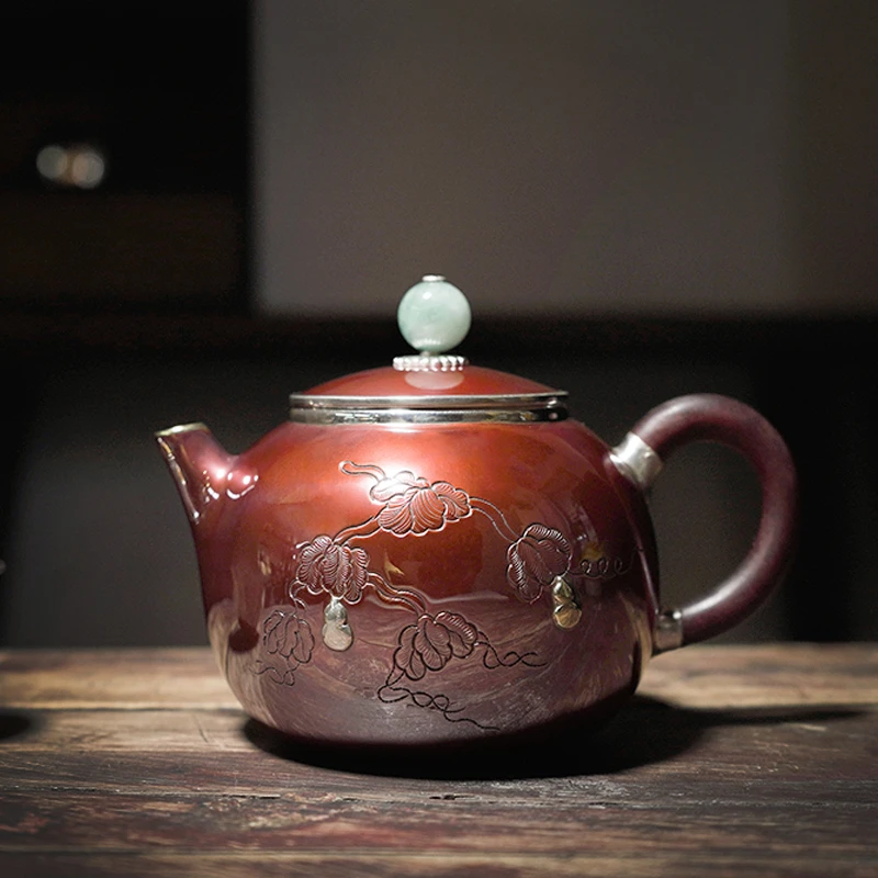 足银999足银铜包银錾科泡茶壶银壶茶具日式家用一张打煮茶壶 宵风