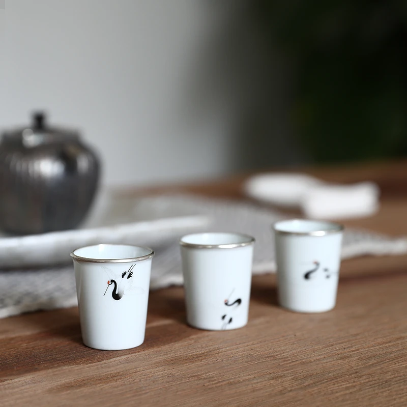 茶杯足银999包银杯银茶杯品茗杯主人杯一张打手工白瓷手绘杯 仙鹤