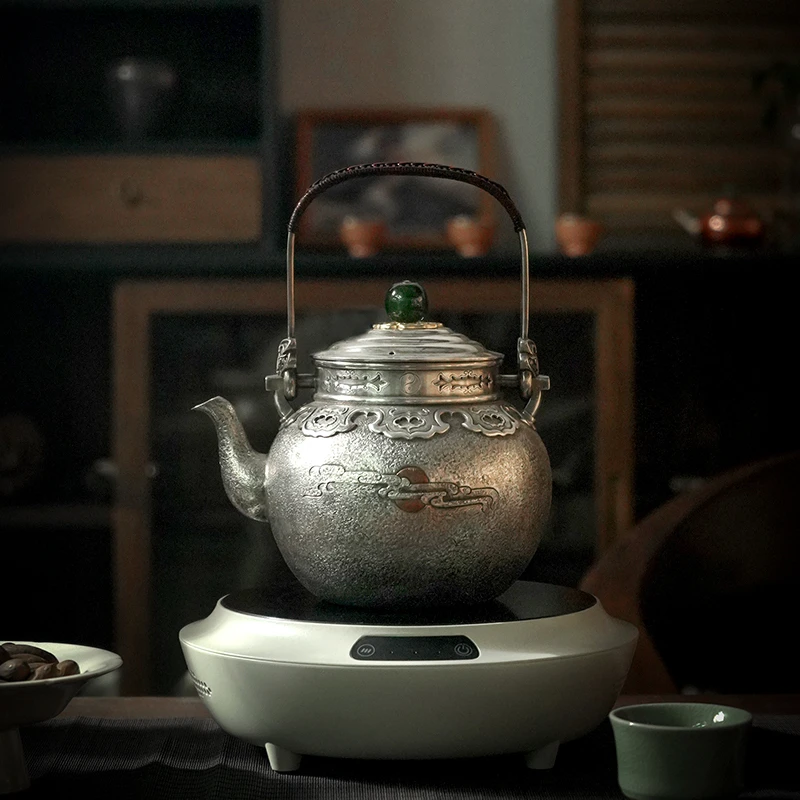 银壶 足银999烧水壶足银煮茶壶纯手工复古錾刻茶壶家用茶具 林韵