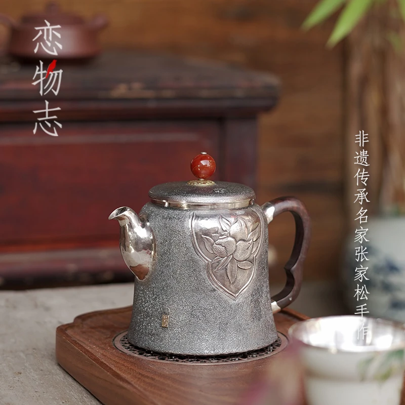 足银999泡茶壶纯手工一张打非遗老师张家松中式泡茶壶茶具  福寿