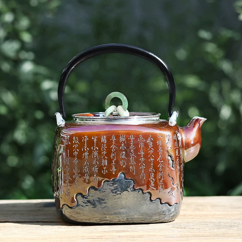 足银999烧水壶银茶壶纯手工一张打铜包银壶家用煮茶壶功夫茶 尘寰