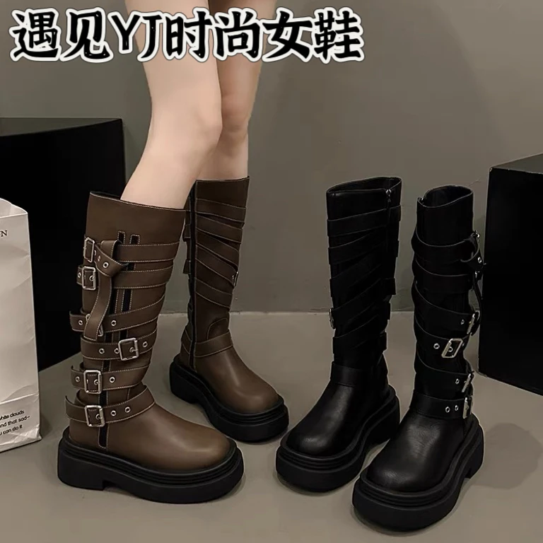厚底骑士靴女2024新款时尚皮带扣废土风圆头不过膝长筒靴机车靴子