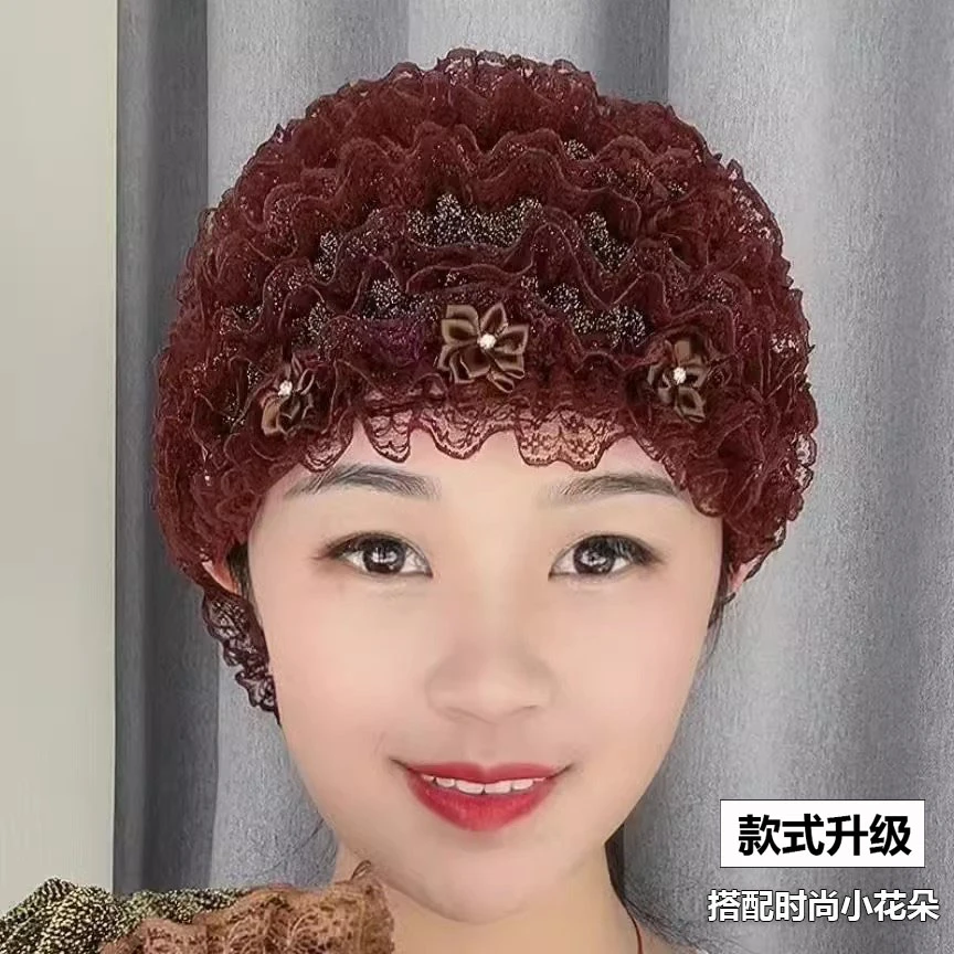 蕾丝小花朵遮盖白发包头帽美人纱弹力假发帽时尚穆斯帽洋气妈妈帽