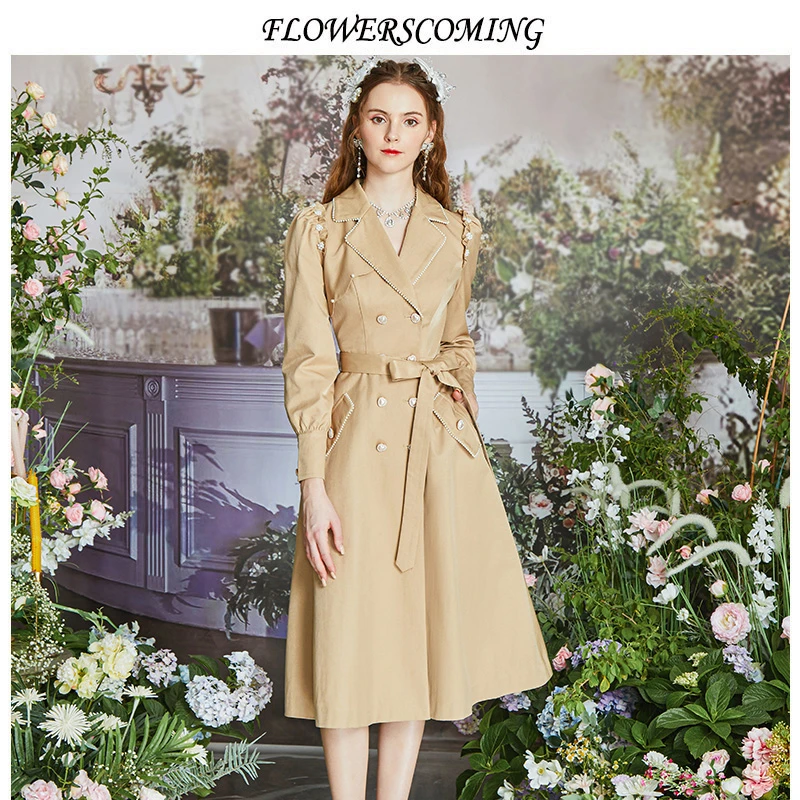 花儿开了2023春季新款复古西装领双排扣风衣外套女修身中长款大衣