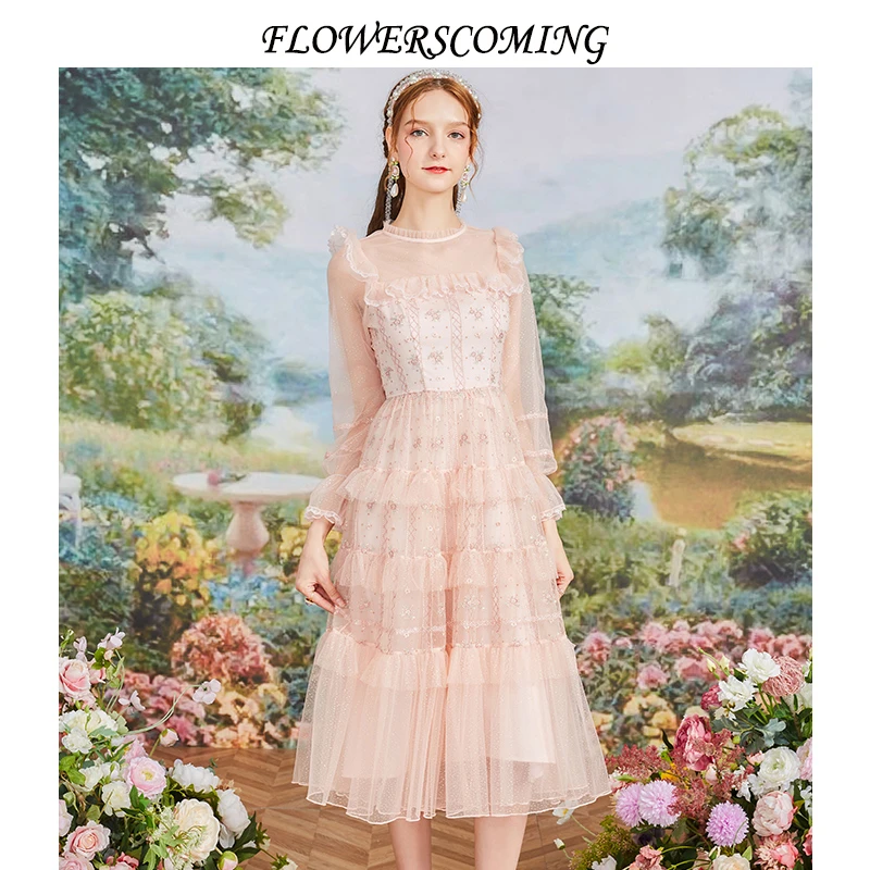花儿开了2023春季新款法式网纱刺绣连衣裙女长袖复古公主风蛋糕裙