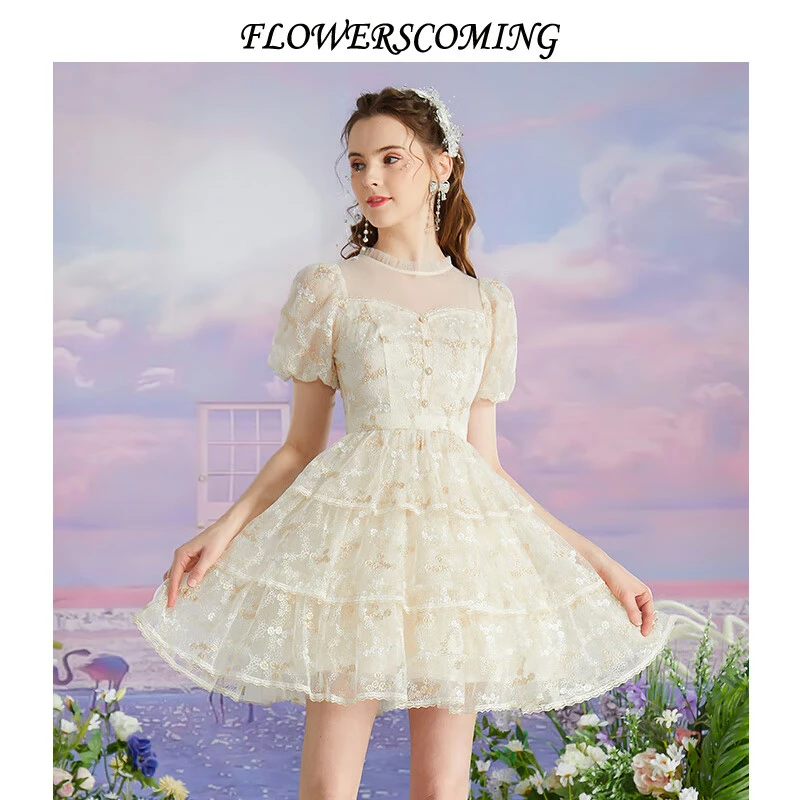 flowerscoming花儿开了2023夏季新款法式网纱刺绣连衣裙女高腰短
