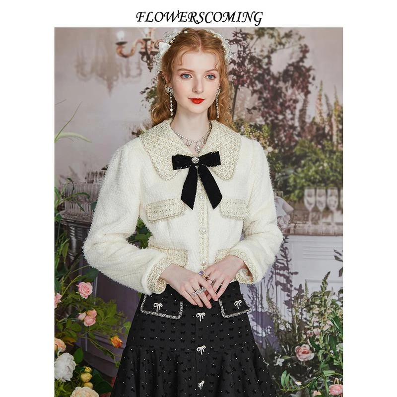 花儿开了2023冬季新款复古小香风粗花呢短外套女修身显瘦保暖