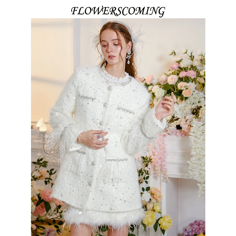 花儿开了2024冬季新款白色气质加绒重工精致宽松上衣外套女