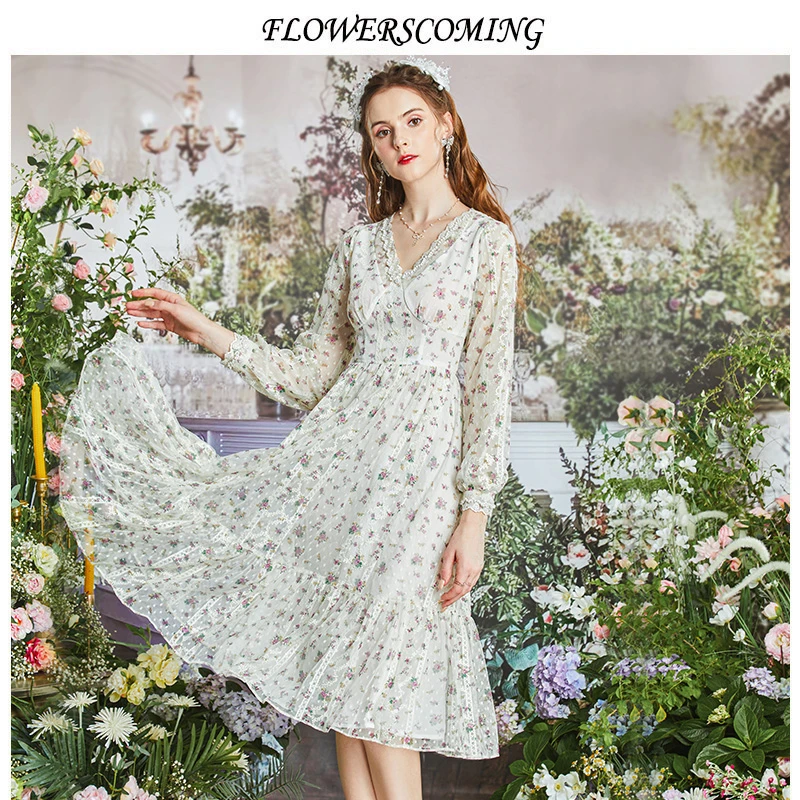 花儿开了2023春季新款法式复古网纱超仙连衣裙女印花刺绣公主裙子