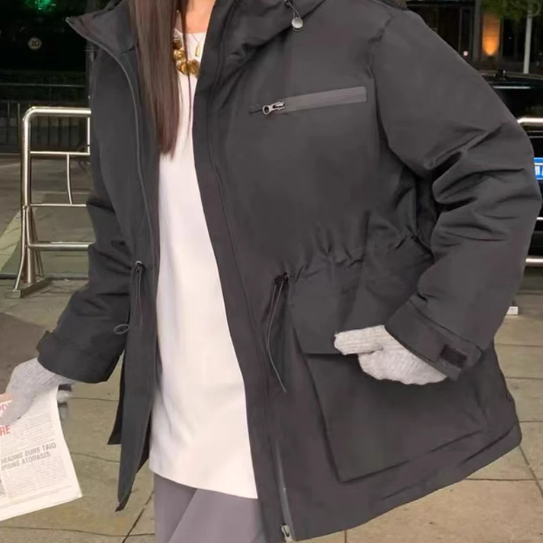 潮流工装风中长冲锋衣外套女士秋冬连帽棉服时尚休闲韩版Y-6W582