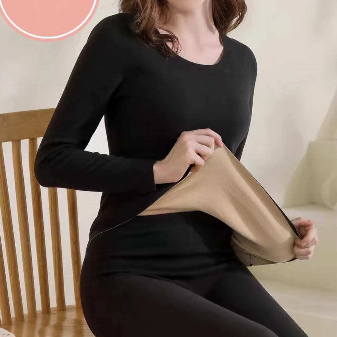 女士时尚舒适大圆领柔软亲肤秋冬修身新款保暖秋衣秋裤套装6D498