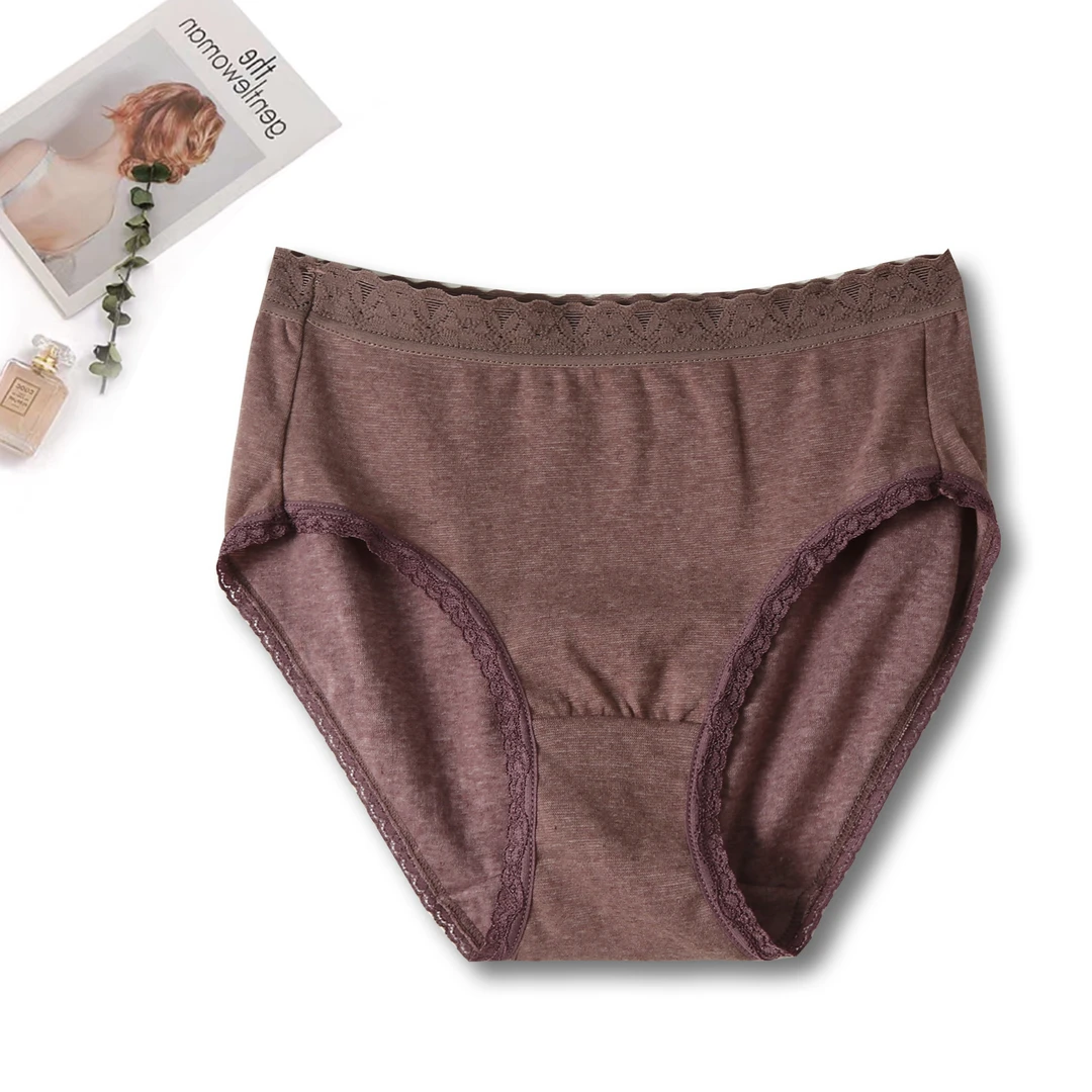 女士纯色简约三角裤中高腰蕾丝拼接舒适三角内裤3J672（一包四条）
