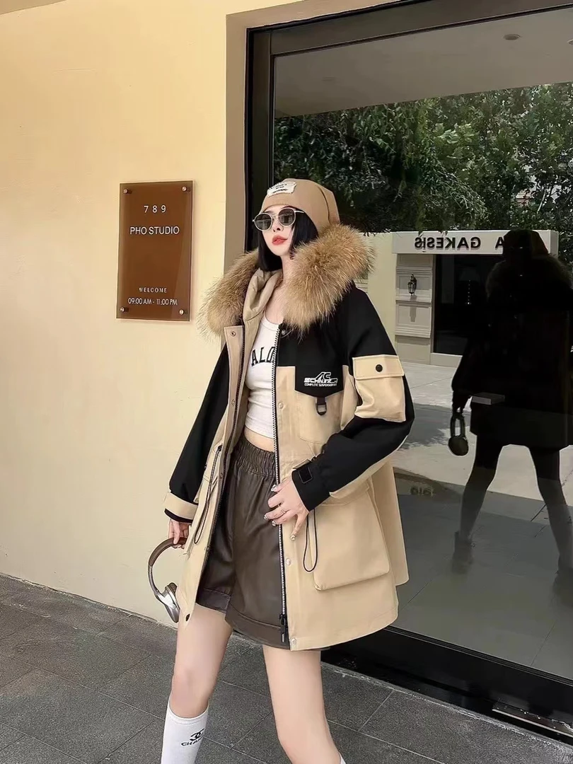 冬季新款韩版女装宽松大码显瘦连帽女士百搭时尚真毛领派克服