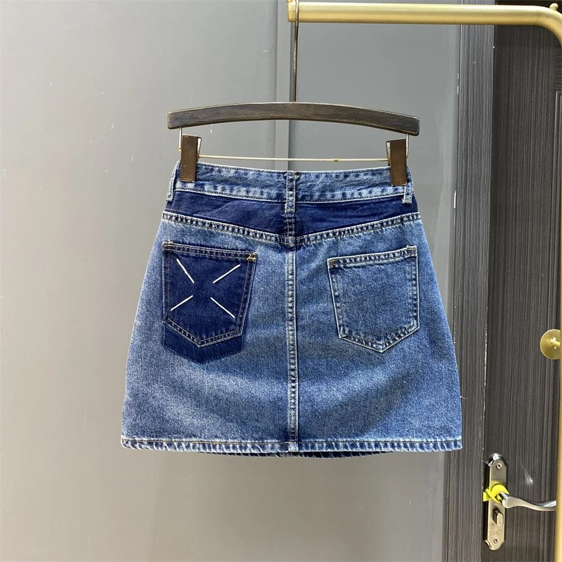 欧货2025夏季新款口袋拼色小众牛仔短裙女高腰显瘦a字包臀半身裙
