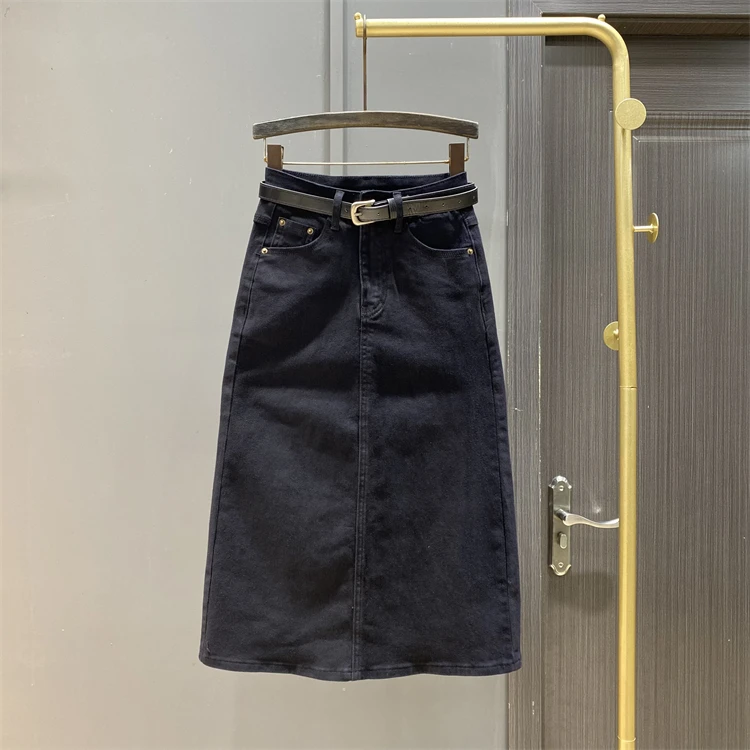 后开叉高腰牛仔半身裙2025春秋新款百搭显瘦过膝中长款a字包臀裙