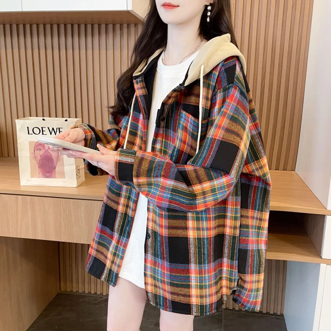加绒加厚格子连帽衬衫卫衣女2024秋冬季新款宽松洋气百搭上衣外套