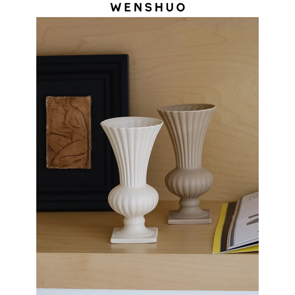 WENSHUO 奶油法式柱状花瓶陶瓷竖纹纹理复古装饰摆件插花水培客厅