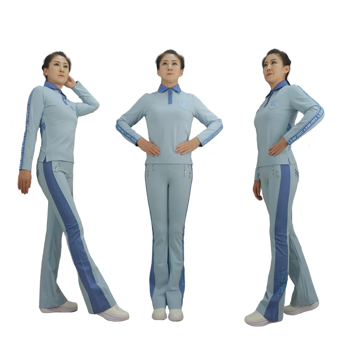 佳木斯健身操挪威蓝罗马长袖运动休闲品质烫钻套装