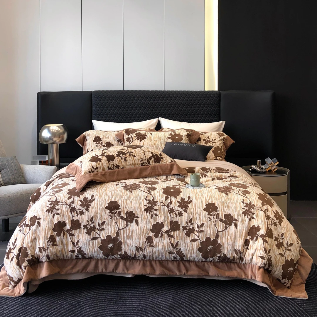 秋冬保暖加厚牛奶绒双拼角工艺款四件套-茹伊系列