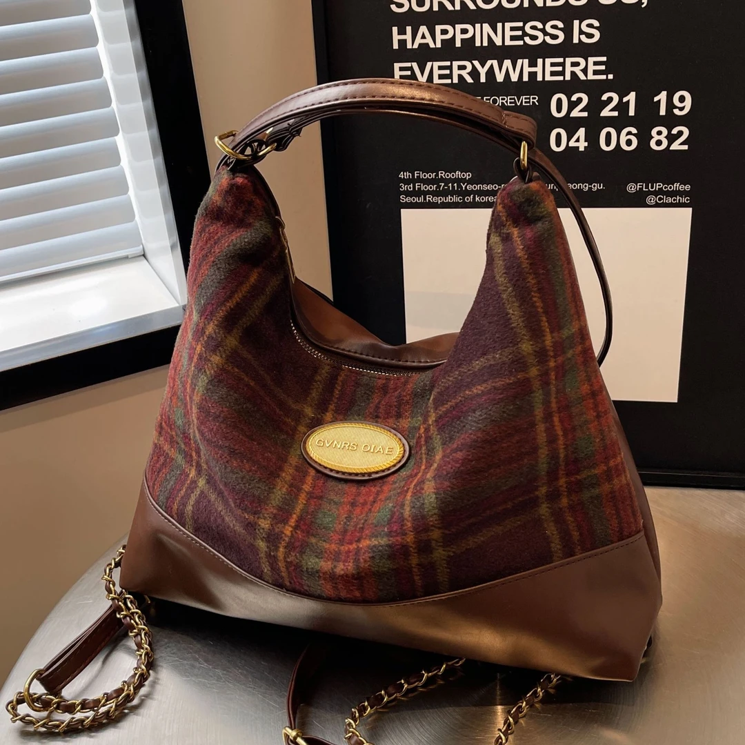 复古毛呢格子大容量包包女2023新款潮流百搭韩国托特包休闲双肩包