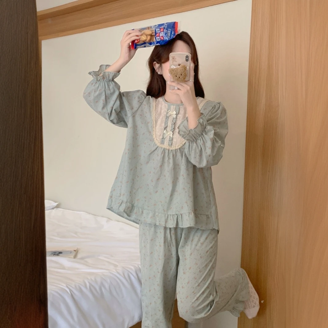 花边蓝碎花2025年网红ins风睡衣女春秋季新款韩版家居两件套学生
