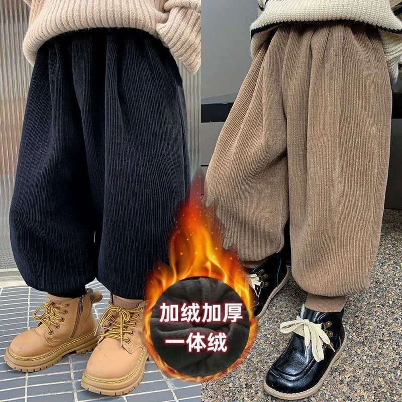 儿童裤子秋冬款2024新款宽松一体绒灯芯绒束脚裤宝宝加绒灯笼裤潮