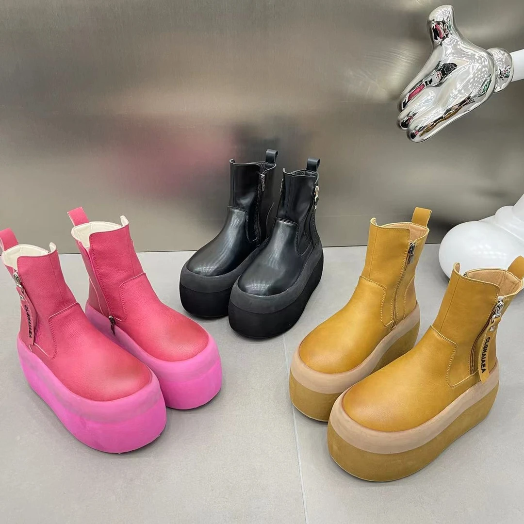 2024新款侧拉链厚底松糕超高跟小个子短筒靴马丁靴大黄靴显瘦女鞋