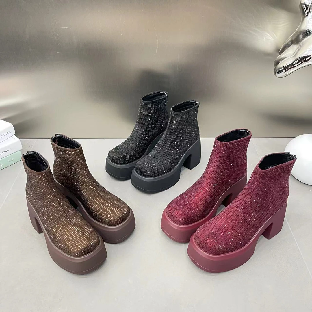 超高跟水钻短靴女鞋2024新款烫钻厚底粗跟时尚马丁靴欧货时装靴潮