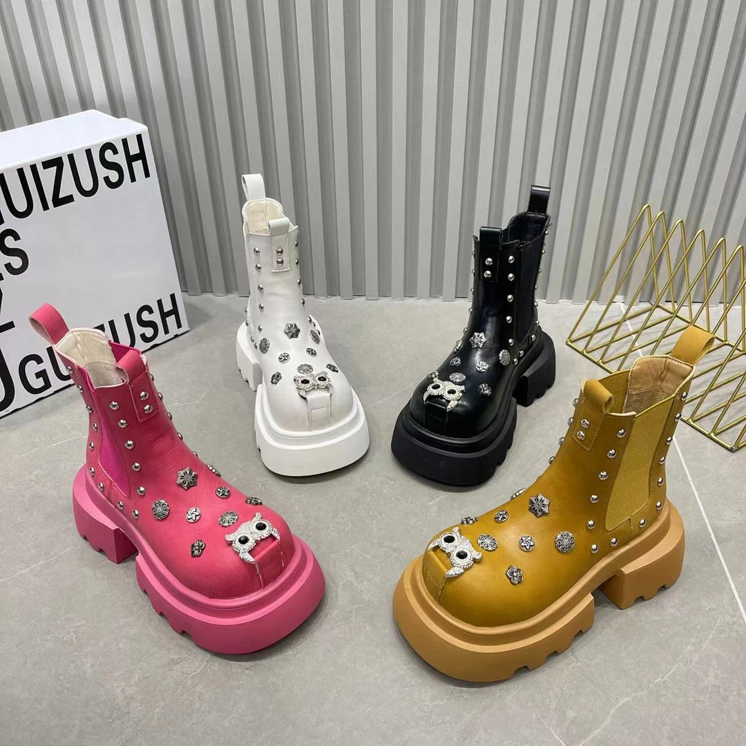 香港潮牌2024秋新款猫头鹰短靴圆头松糕底切尔西靴英伦时尚马丁靴