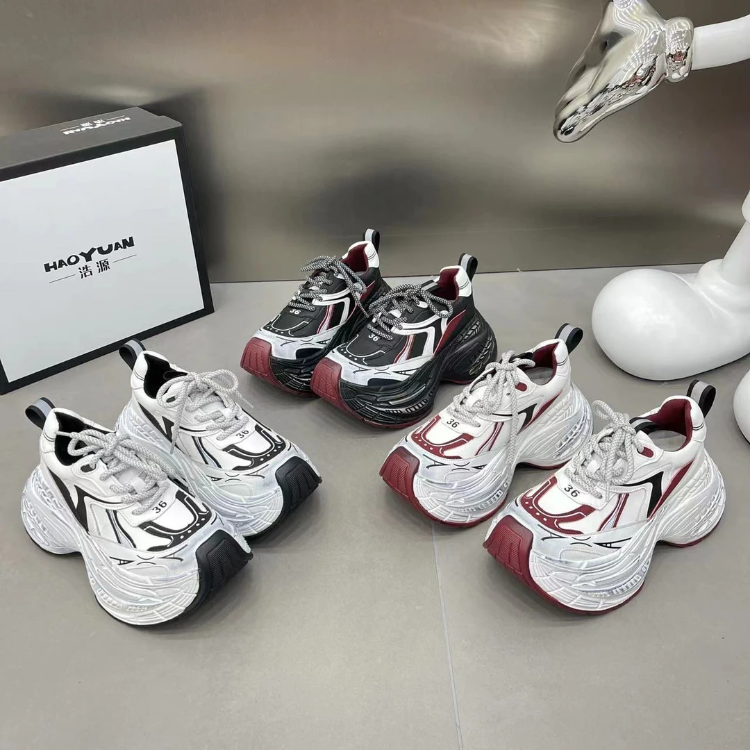 时尚老爹鞋女8CM小个子厚底松糕超高跟擦色做旧运动鞋休闲熊猫鞋1