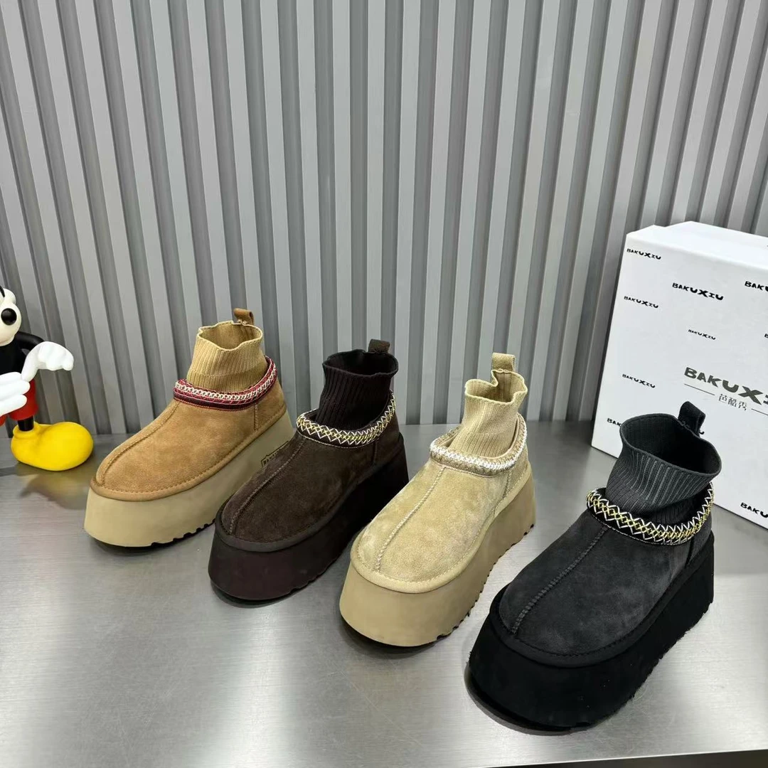 勃肯鞋女2024冬新款保暖毛线筒套脚短靴马丁靴圆头松糕厚底雪地靴