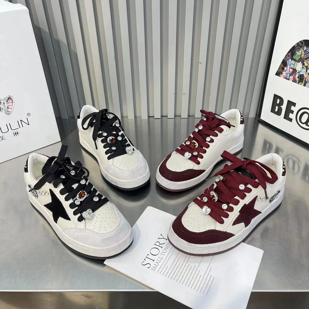 欧洲站春款水钻做旧小脏鞋女ins真皮星星白鞋百搭运动休闲板鞋舍1