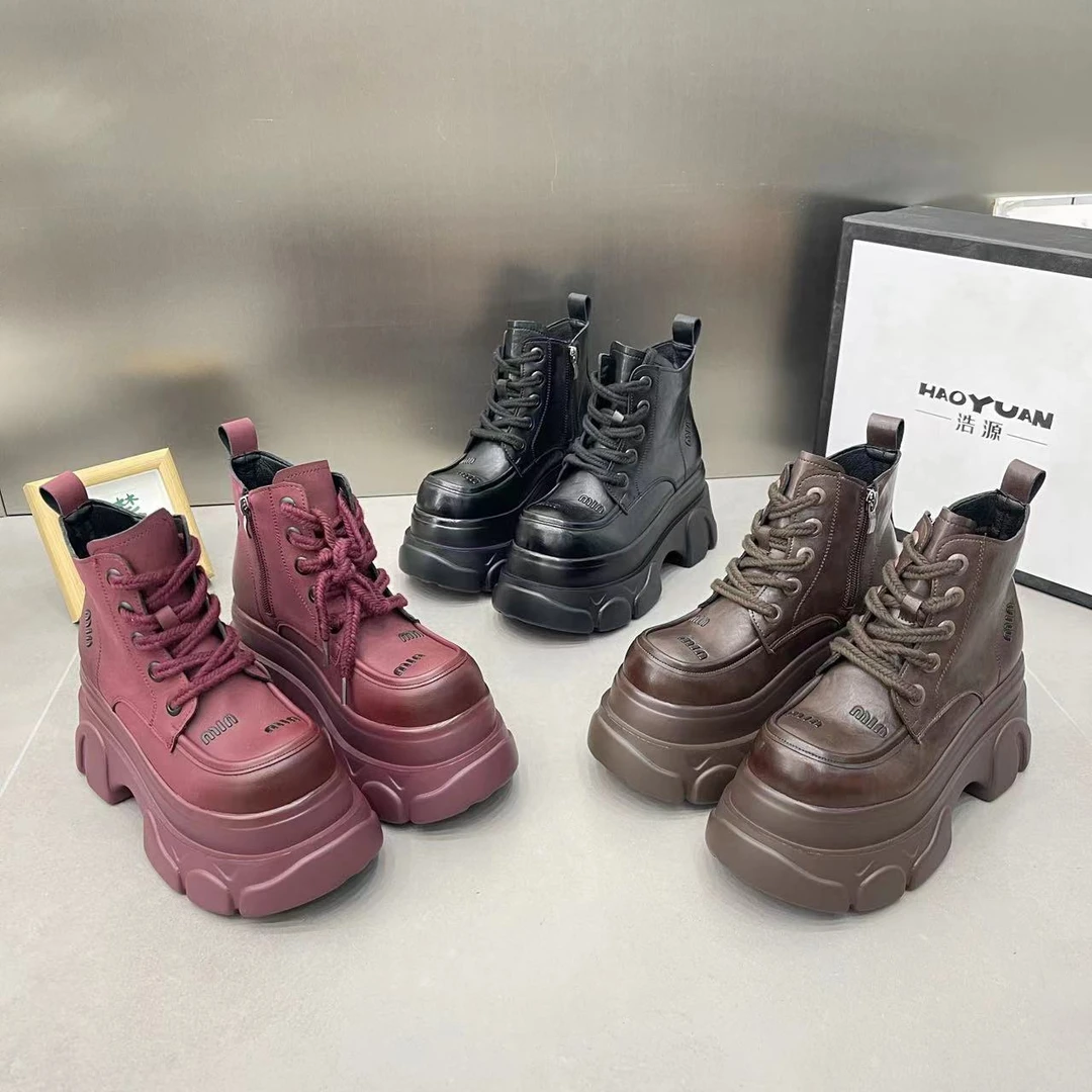 及踝短靴女鞋2024新款透气厚底超高跟系带休闲马丁靴高帮鞋机车靴