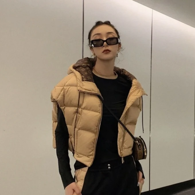 LV/路易威登/棕黄色内里老花拉链连帽羽绒服 34码 全新 GM001361
